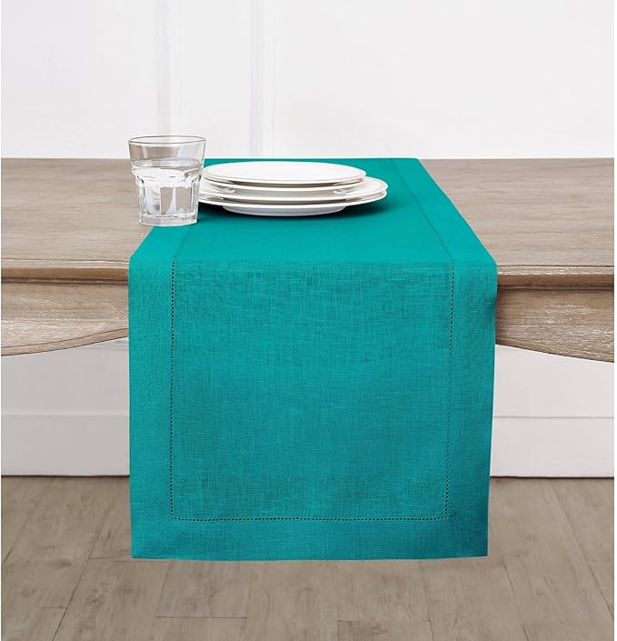 Solino Home Linen Table Runner 120 Inches Long - 100% Pure Linen Teal Table Runner 14 x 120 Inch for Fall, Autumn, Thanksgiving - Classic Hemstitch
