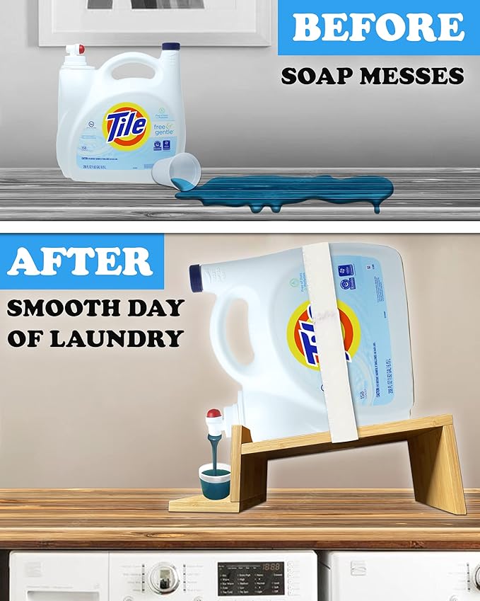 TidyFriend Laundry Detergent Dispenser with Tray & Strap, Laundry Soap Dispenser with Non-Slip Rubber Feet for Washing Room Organization, Easy Pour (Wood)