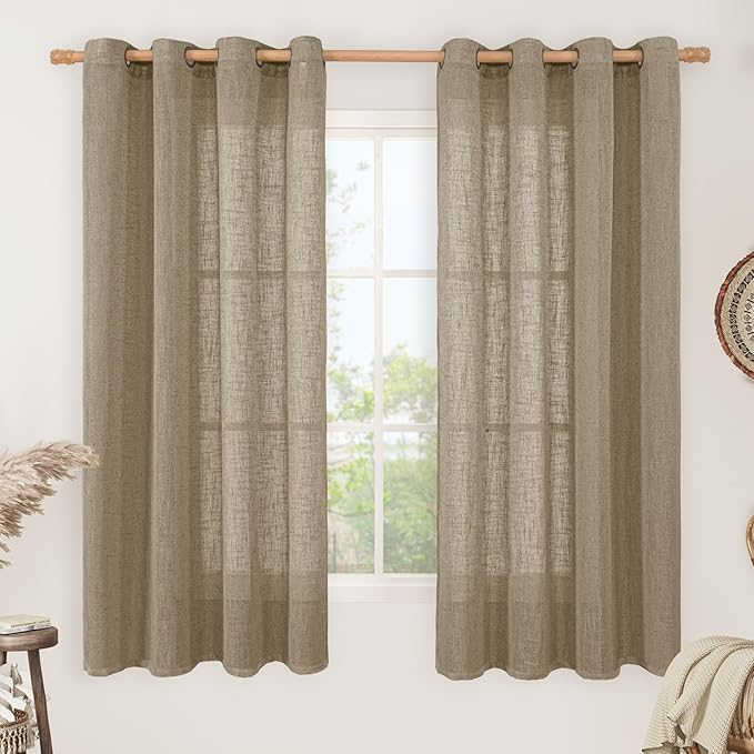 LAMIT Linen Curtains 63 Inch Length 2 Panels for Bedroom, Semi Sheer Drapes Light Filtering Neutral Window Treatments with Bronze Grommet for Living Room Rustic Country Decor, Taupe, 52 X 63 Inch