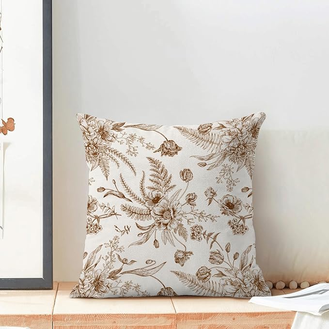 CXMEIFLY Spring Floral Leaves Pillow Covers 24 x 24 Inch Set of 2 for Chinoiserie Flowers Decor Throw Pillows Brown and White Seasonal Plant Outdoor Decorative Cushion Cases for Couch Bed Decorations