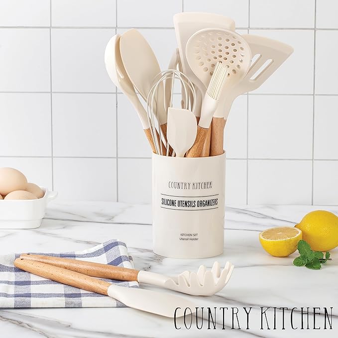 Country Kitchen Non Stick Silicone Utensil Set with Rounded Wood Handles for Cooking and Baking, 14 Piece Set, Khaki