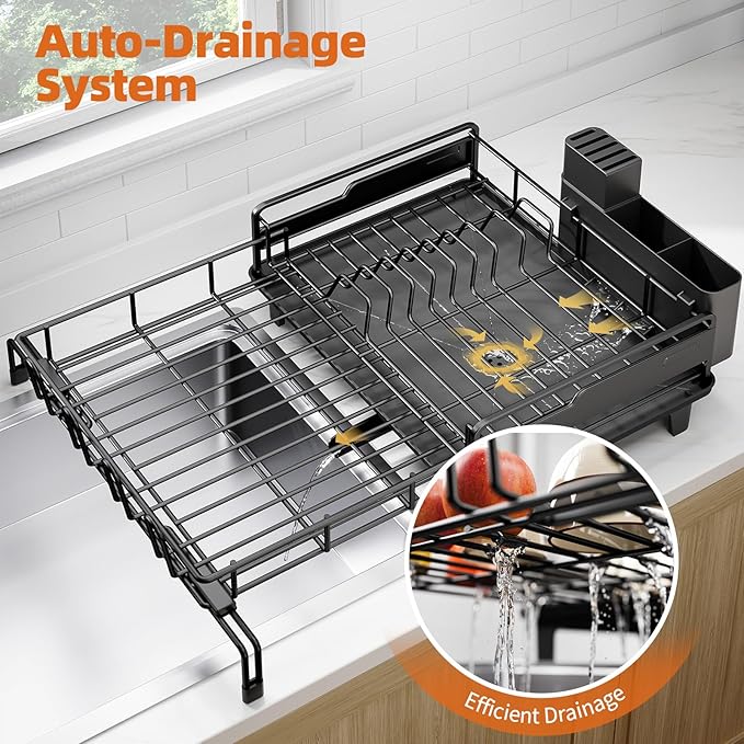 Extendable Dish Drying Rack, Multifunction Dish Rack for Kitchen Counter, Expandable Dish Drainer Over Sink, Large Dish Strainer with Cups Holder, 1 Tier Black
