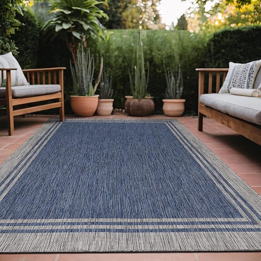 Bordered Outdoor Rug 9x12 Washable Outside Carpet for Indoor Patio Porch Waterproof Easy Cleaning Non Shedding Area Rugs Navy 9 x 12