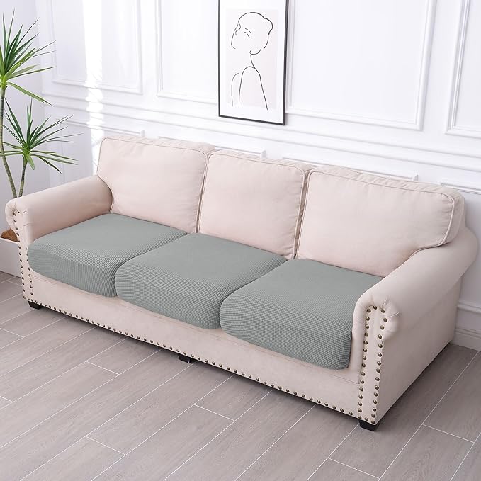 hyha Waterproof Couch Cushion Covers for Pets, Non Slip Sofa Seat Cover for Dogs Washable, Soft Thick Stretch Jacquard Fabric, Sofa Slipcovers with Elastic Bottom (3 Pieces, Light Grey)