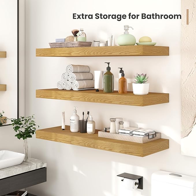 Heimlove 12" Deep Floating Shelves, 36 x 12 Inch Wall Mounted Long Floating Shelf with Invisible Brackets, for Home Decor, Bedroom, Kitchen, Living Room, Bathroom - 2 Pack, Oak