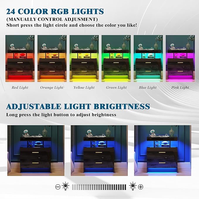 Night Stand with Light, High Gloss Nightstand with USB/Wireless Charging Station, LED Black Nightstands with Storage Drawers, RGB Side End Table for Bedroom Furniture（Black）