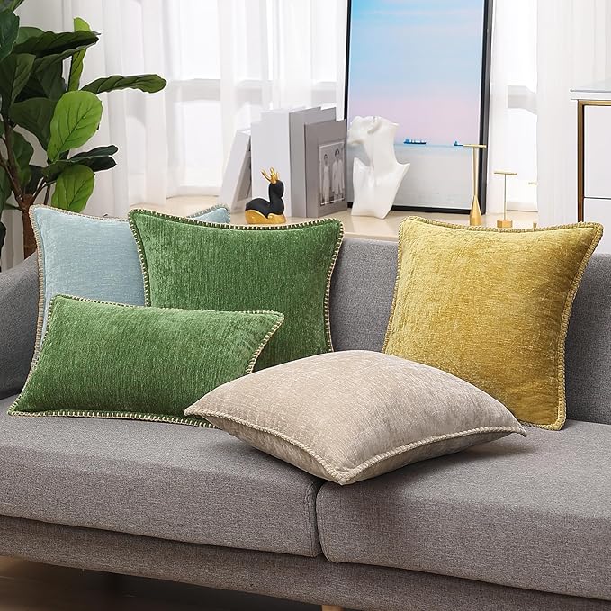 decorUhome Fall Chenille Soft Throw Pillow Covers 18x18 Set of 2, Farmhouse Velvet Neutral Decorative Euro Pillow Covers with Stitched Edge for Couch Sofa Bed Home Decor, Forest Elf
