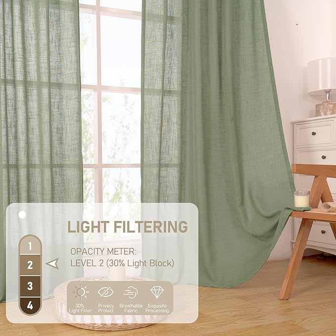 LAMIT Sage Green Linen Curtains for Windows 2 Panels Set, 48 Inch Linen Textured Light Filtering Drapes Bronze Grommet Boho Panels for Farmhouse/RV Camper/Loft, 34 x 48 Inch