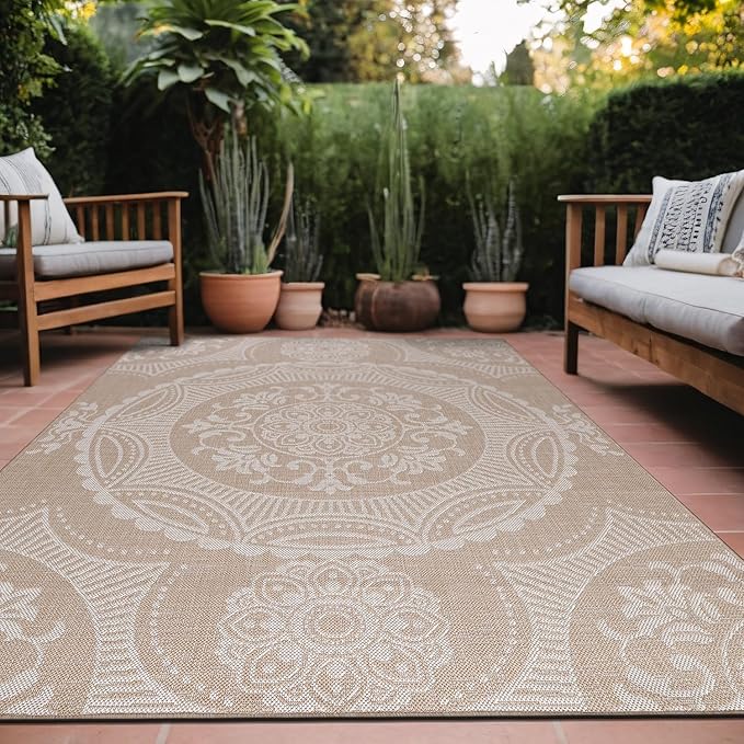 Medallion Outdoor Rug 8x10 Washable Outside Carpet for Indoor Patio Porch Waterproof Easy Cleaning Non Shedding Area Rugs Beige 8 x 10