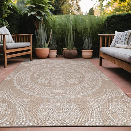 Medallion Outdoor Rug 8x10 Washable Outside Carpet for Indoor Patio Porch Waterproof Easy Cleaning Non Shedding Area Rugs Beige 8 x 10