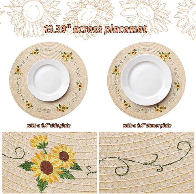 Whaline 4Pcs Round Sunflower Placemats Spring Summer Flower Embroidered Place Mats Floral Dinner Table Mats for Home Holiday Birthday Baby Shower Party Decor