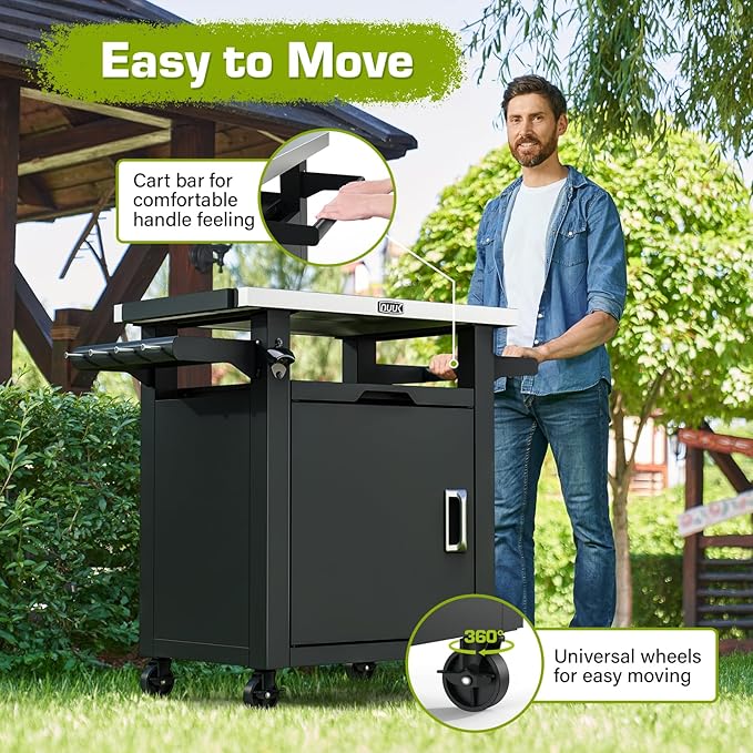 NUUK Grill Carts Outdoor with Enclosed Cabinet and Storage Drawer, Portable Patio Bar Cart with Wheels Stainless Steel Kitchen Storage Island 20" x 30" Rolling Prep Station for BBQ, Deck, Backyard
