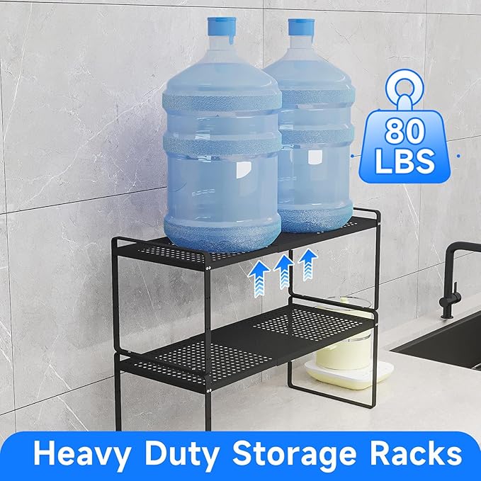 Expandable Cabinet Shelf Organizers, Kitchen Small Stand Rack Organization for Countertop Cupborad Pantry, Black 3 Pack