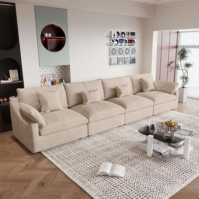 JACH Sectional Couches for Living Room, 4 Seater Cloud Sectional Couch with Deep Seat, Down Filled Modular Sofa, Covers Removeable & Washable, Sofas Furniture for Living Room, Khaki