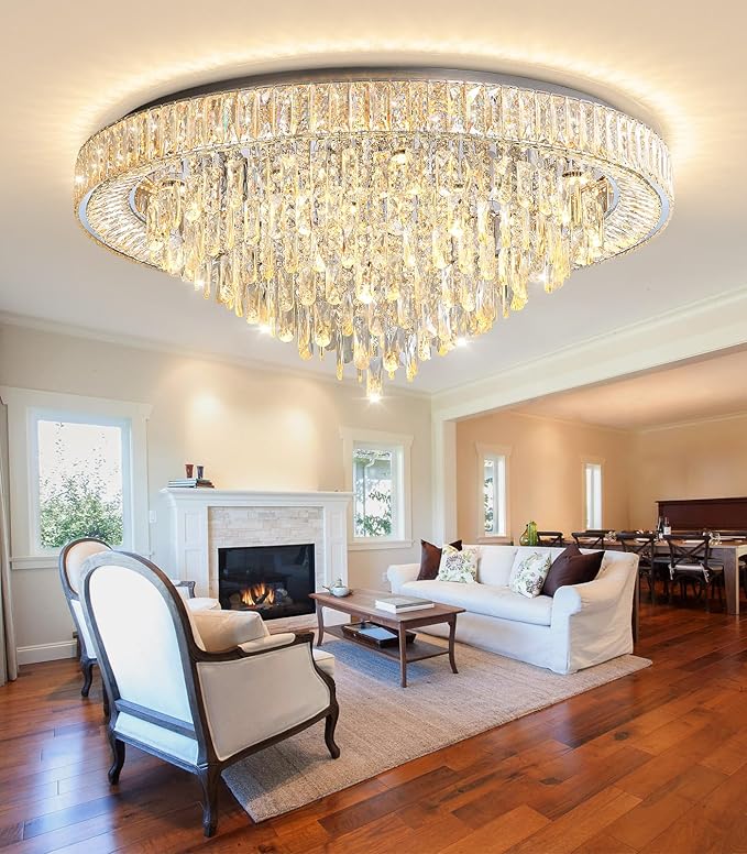 Crystal Chandeliers Modern LED Dimmable Flush Mount Ceiling Chandeliers for Living Room High Ceiling Entrance Foyer Bedroom Dining Room