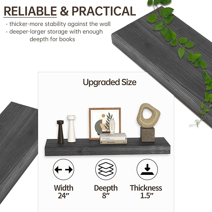 Floating Shelves for Wall, USA-Sourced Fir Wood 24 Inch Wall Shelves Set of 2, Natural Rustic Solid Wooden Floating Shelves Wall Mounted, Nursery Book Storage Shelf, Display Shelf for Bathroom