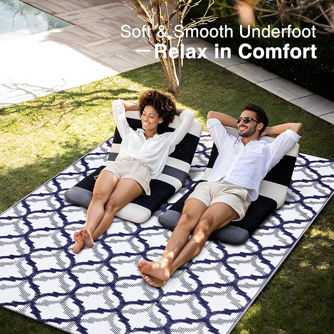 OLANLY Reversible Outdoor Rug 5x8 ft Clearance, Waterproof Outdoor Plastic Straw Rug with Interlacing Pattern, RV Mat for Patio, Camping, Balcony, Deck, Backyard, Navy & White