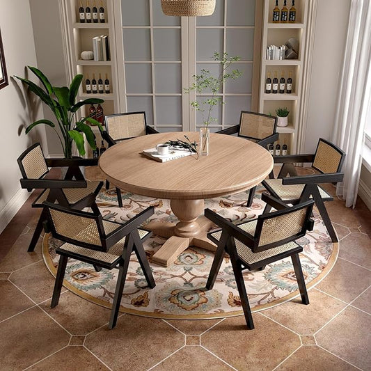 Rattan Dining Chairs Set of 6, Farmhouse Wicker Dining Chairs with Cane Seat Accent Armchair for Dining Room Kitchen Restaurant, Walnut