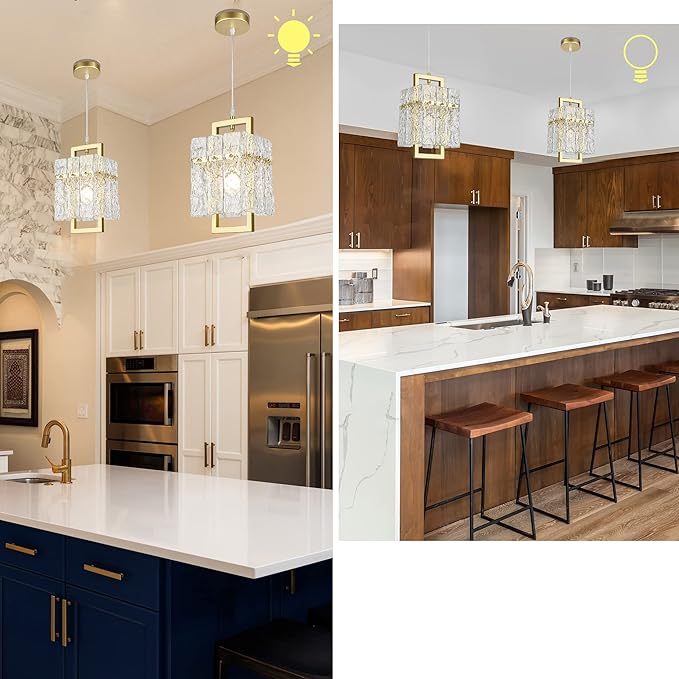 IKK Gold Crystal Pendant Light for Kitchen Island, Luxury Water Ripple Glass Chandelier Lights Fixture, Modern Elegant Adjustable Pendant Lighting for Dining Room Bedroom, E12 Bulb, L6.5'' x H11.8''