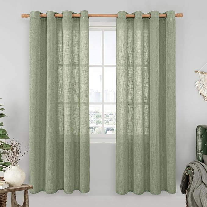 LAMIT Sage Green Linen Sheer Curtains 80 inch for Living Room, Soft Thick Bronze Grommet Light Filtering Boho Window Textured Neutral Drapes for Bedroom Farmhouse, 2 Panels Set, 52 x 80 Inch