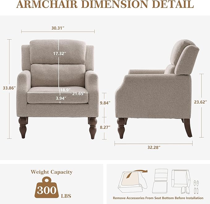 Kidol & Shellder Oatmeal Oversized Accent Chair for Living Room Mid Century Modern Reading Chair with Back Wide Upholstered Comfy Single Sofa Chair Bedroom Lounge Side Corner Boucle Fabric Armchair
