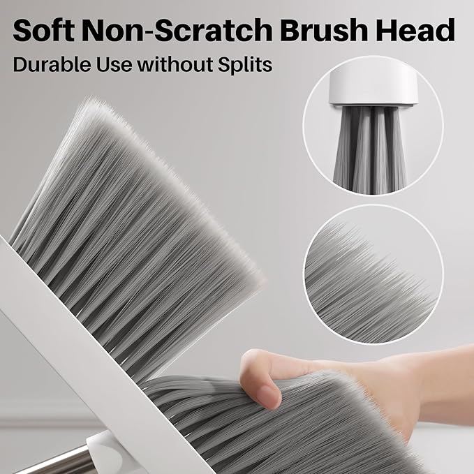 JOYMOOP White Broom and Dustpan Set, Upright Angle Design with Built-in Comb Teeth for Kitchen, Office, Pet Hair, Hard Floors