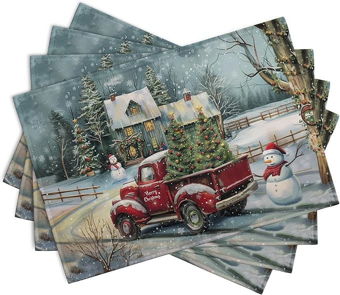 Red Truck Xmas Tree Snowman Christmas Placemats Set of 4 Winter Snowflake Vintage Farmhouse Rustic Place Mats 12x18 Inch Seasonal Christmas Holiday Washable Table Mats for Party Kitchen Dining Decor