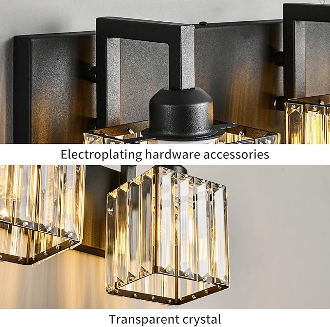 Modern Bathroom Vanity Light 3-Lights Black Crystal Wall Lamp Bathroom Modern Crystal Vanity Lighting