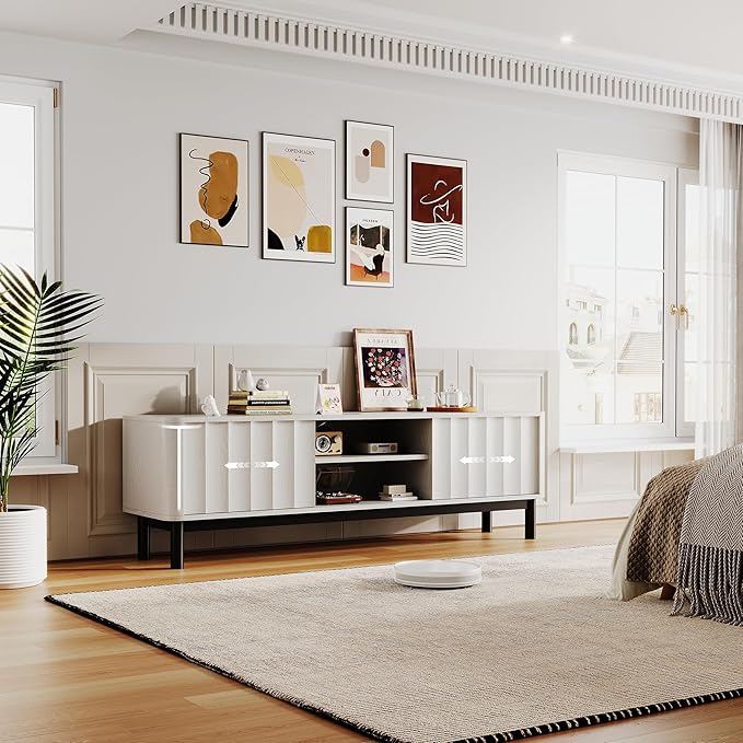 White Mid Century Modern TV Stand, Wood Fluted Living Room TV Stands with Storage Sliding Doors, Desert-Inspired Design MCM Entertainment Center for 55 60 65 70 75 55+ 60+ 65+ 70+ Inch