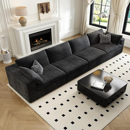 157.5" Cloud Couch Modular Sectional Sofa for Living Room,Modern Sofa with Deep Seat，4 Seater Boneless Couch,Comfy Upholstered Corduroy Couches for Apartment, Studio, Office,Bedroom，Black