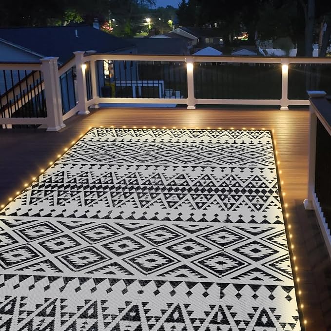 Outdoor Rug Mat with Led Strip Lights for Patio, 8x10ft Waterproof Reversible Plastic Straw Rugs, Camping Carpet Area Mats for RV, Porch, Deck, Backyard, Balcony, Camper, Black & White