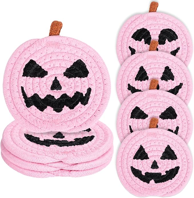 Whaline Halloween Pumpkin Cotton Coasters Pink Pumpkin Face Handmade Braided Drink Coasters Absorbent Cup Mats for Trick or Treat Party Home Table Decor, Set of 4
