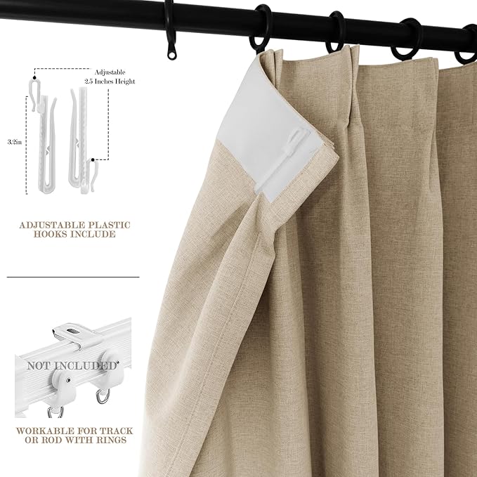 Full Blackout Privacy Curtains, 240 Inch Extra Wide Linen Blend Drapes, Pinch Pleat Window Drapery for Room Divider Storage/Space Room Separation, 1 Panel, W 240" x L 102", Sand Beige