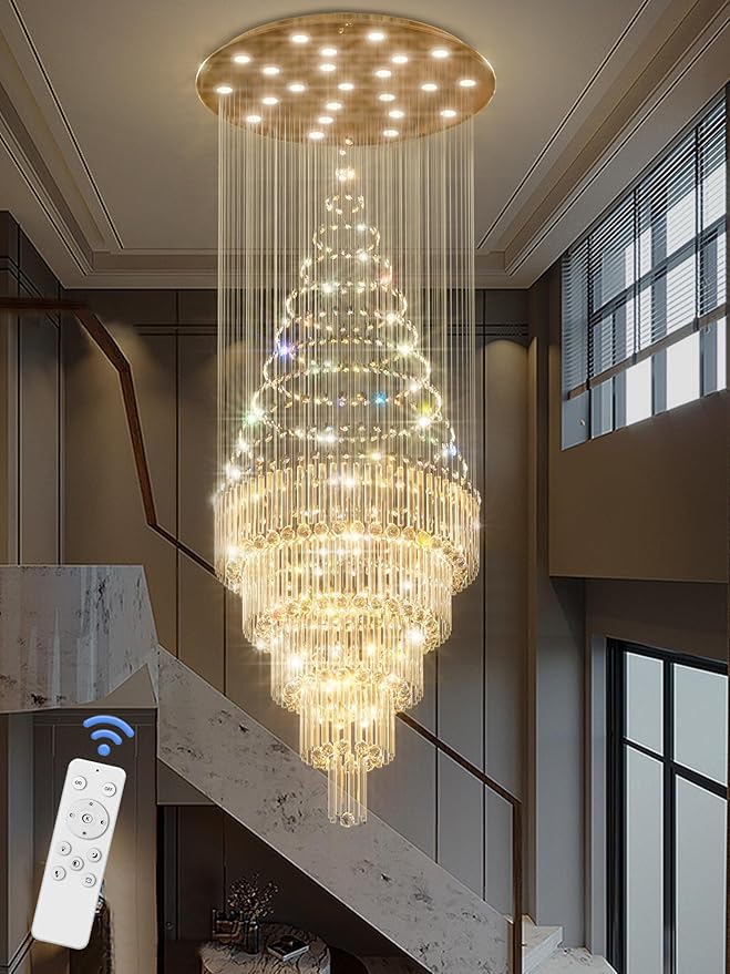 Flashing God 40''X90 High Ceiling Chandelier Crystal Raindrop Gold Chandeliers Staircase Large Chandelier Villa Entrance Foyer Pendant Light Foyer High Ceiling Light 15 GU10 Bulb Dimming