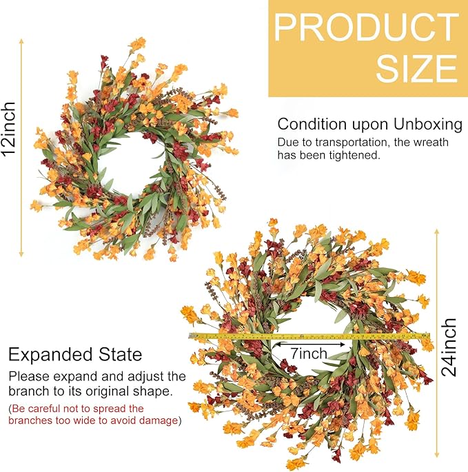 Artgar Fall Wreath, Fall Wreaths for Front Door, 24 in Fall Decor Floral Wreath, Door Wreaths for Front Door Outside All Season for Thanksgiving Home Indoor Outdoor Wall Decor (Red Orange Yellow)