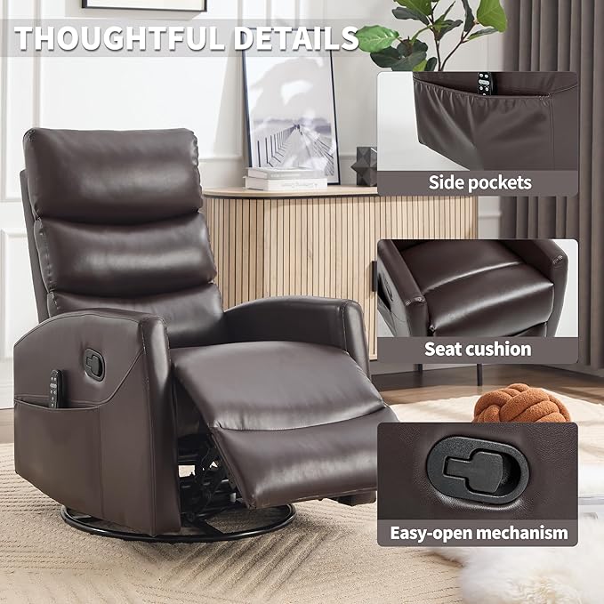 Manual Swivel Rocker Recliner Chair for Adults, Overstuffed Reclining Glider Chair for Nursing with Vibration Massage & Heat, Living Room Rocking Recliner 3-Stage backrest, Faux Leather Brown