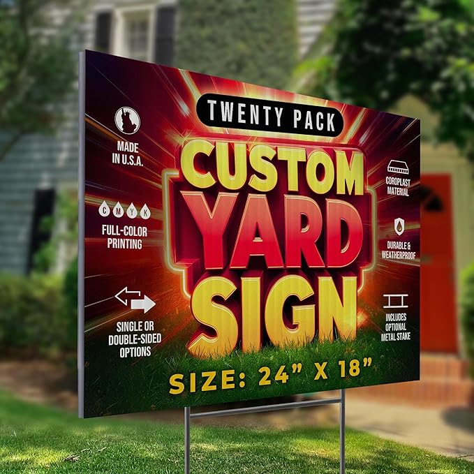 20 Pack 24"x18" Custom Yard Signs with Stakes, Personalized Yard Signs for Outdoors, Customized Full Color Print Corrugated Signs for Business