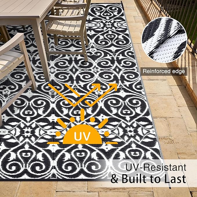 OLANLY Outdoor Rug Waterproof 8x10 ft Clearance, Reversible Outdoor Plastic Straw Rug with Floral Pattern, RV Mat for Patio, Camping, Balcony, Deck, Backyard, Black & White