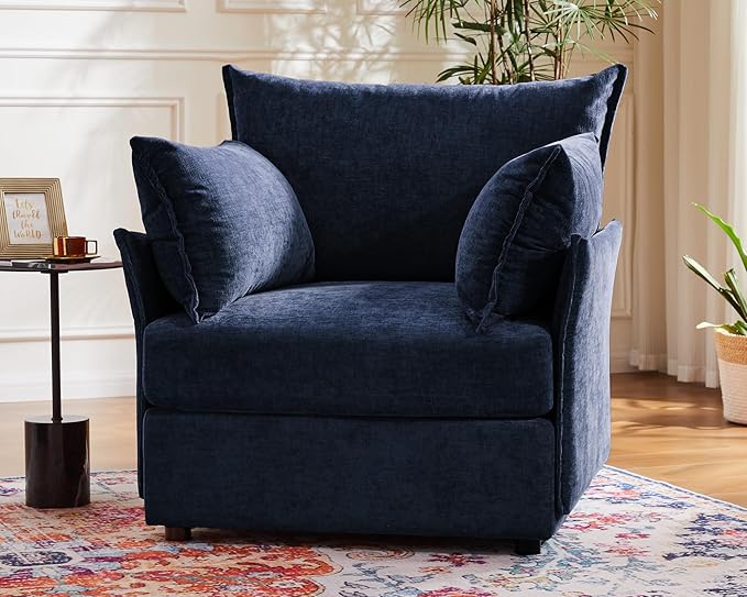 Oversized Accent Chair, Upholstered Modern Sofa Chair with Removable Backrest & Detachable Cover, 24.5" Deep Seat Large Reading Armchair for Living Room Bedroom Office - Chenille Blue Set of 1