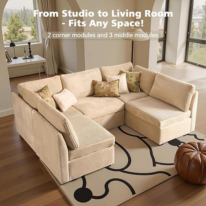 Modular Sectional Sofa with Chaise U Shaped Sectional Couch for Living Room, 5-Seater Comfy Cloud Couches, Plush Corduroy, Beige
