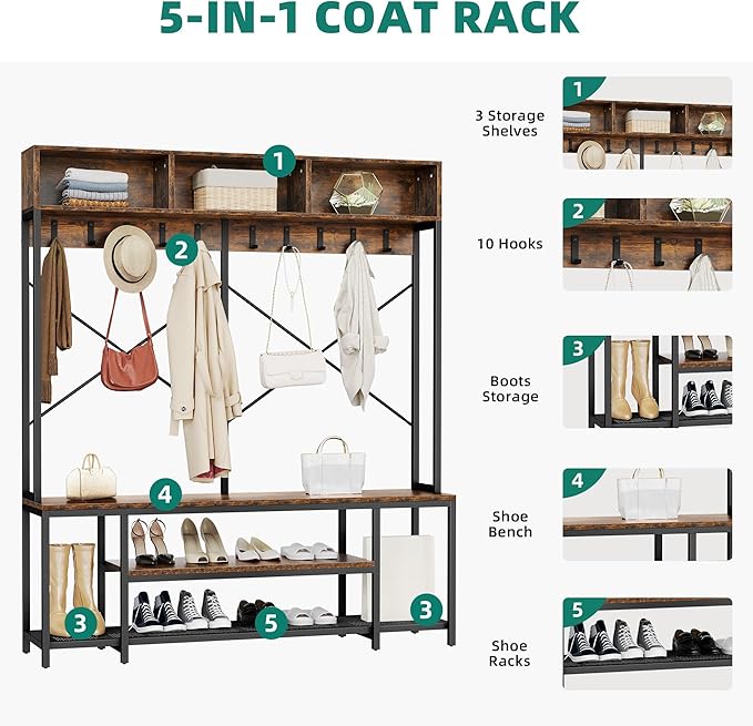 YITAHOME Entryway Bench with Coat Rack, 5-in-1 Hall Tree with Shoes Storage, Industrial Freestanding Coat Rack Shoe Bench with Storage Shelves, 10 Hooks for Hallway, Bedroom, Rustic Brown