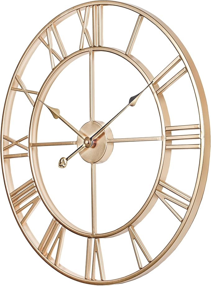 CLXEAST Champagne Gold Metal Wall Clock, Large Roman Numeral 24 Inch Wall Clocks for Living Room Decor,House Warming Gifts New Home