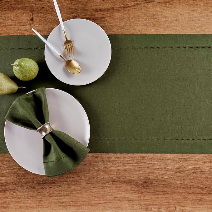 Solino Home Linen Olive Table Runner 144 Inches Long - 100% Pure Linen Extra Long Table Runner 14 x 144 Inch for Fall, Autumn, Thanksgiving - Classic Hemstitch