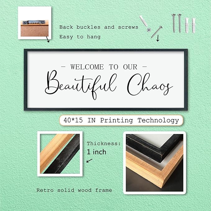 LuZhiQiang Welcome To Our Beautiful Chaos Sign Wall Decor 40"×15" for Home Living Room Entryway Bedroom Large Wood Framed Wall Hanging Art (Black)