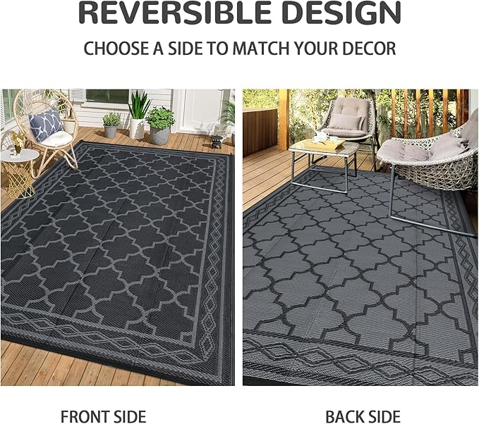 GAOMON Reversible Outdoor Rug 9'x18' Waterproof Plastic Straw Rug, Patio Rug, Large Modern Area Rug Carpet, Indoor Outdoor Rugs for Camping, Porch, Deck, Balcony, Backyard, Black/Grey(Geometric)