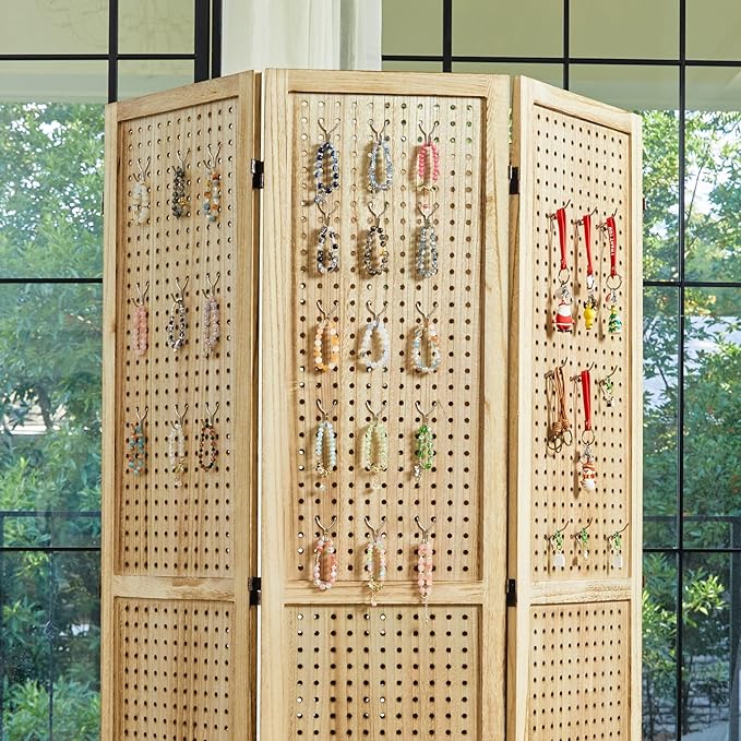 ‌Room Divider Freestanding Folding Pegboard Privacy Screen | 6-Panel Display Stand for Jewelry, Craft Shows, Retail | Natural Wood, Portable & Space-Saving Design