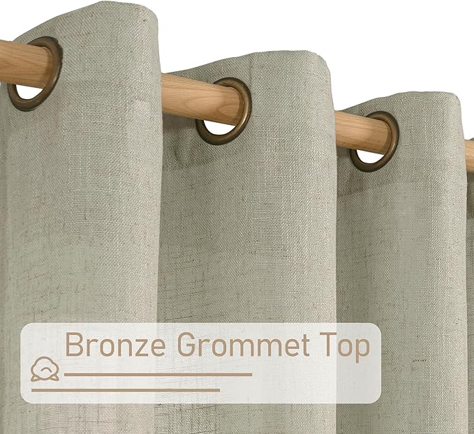 LAMIT Sage Grey Linen Curtains 72 Inch for Living Room 2 Panels, Linen Textured Light Filtering Semi Sheer Bronze Grommet Privacy Panels for Bedroom/Farmhouse, 52 x 72 Inch