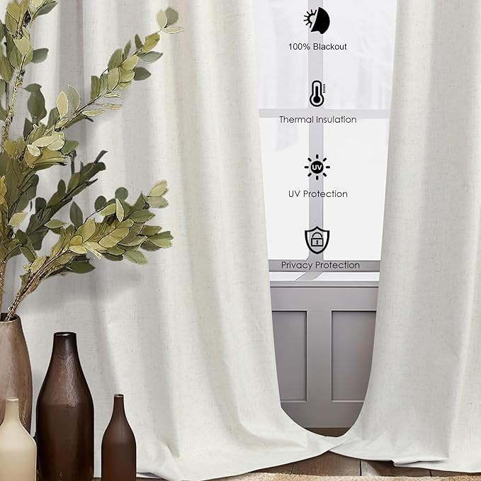 Room Darkening Curtains 72 Inch Long 2 Panels Burg Elegant Heavy Linen Complete Blackout Insulated Bay Window Curtains Viral Modern Neutral Drapes for Bedroom Cabin Kitchen 6FT Length Back Tab Cream
