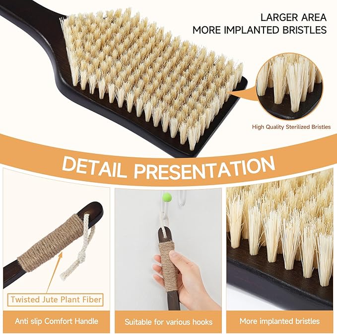 Back Scrubber Shower Brush,Dry Brushing Body Brush with 17.7 Inch Curved Long Handle, Natural Bristles for Lymphatic Drainage, Soft & Stiff Bristles Available (Stiff-Thick Boar Bristles)