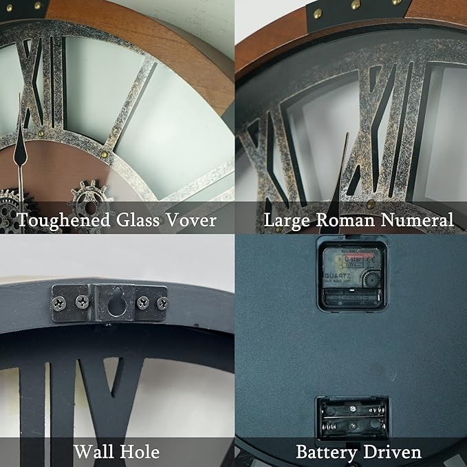 24 Inch Moving Gear Wall Clock, Oversized Wall Clocks, Clock Living Room Decor, Solid Wood Frame, Battery Operated, Large Wall Clock with Steampunk Industrial for Fireplace(Machilus)